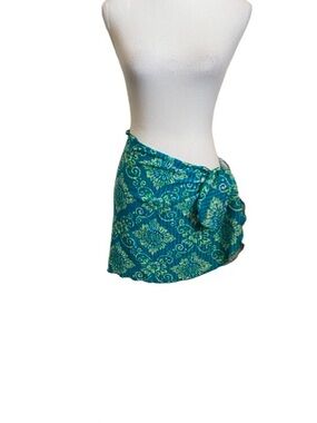 DE LA MAR Blue & Green Printed Tie-Side Beach Cover Up Skirt Made in USA